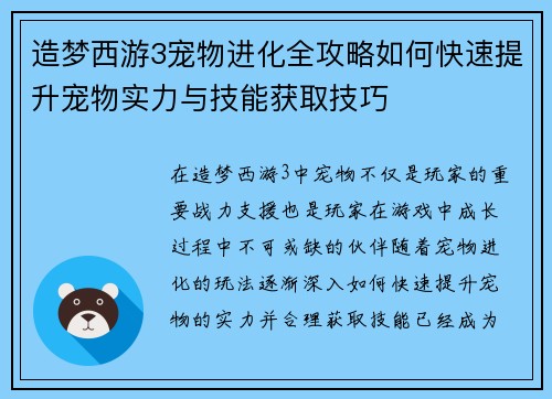 造梦西游3宠物进化全攻略如何快速提升宠物实力与技能获取技巧