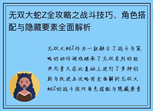 无双大蛇Z全攻略之战斗技巧、角色搭配与隐藏要素全面解析