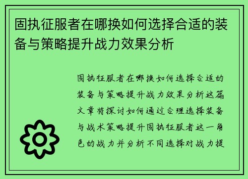 固执征服者在哪换如何选择合适的装备与策略提升战力效果分析 固执征服者在哪换如何选择合适的装备与策略提升战力效果分析